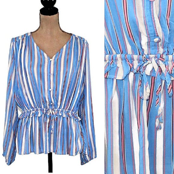 NEW Blue Coral Striped Button Down Drawstring Ruffle Waist Top Blouse Boho $44 - Picture 3 of 8